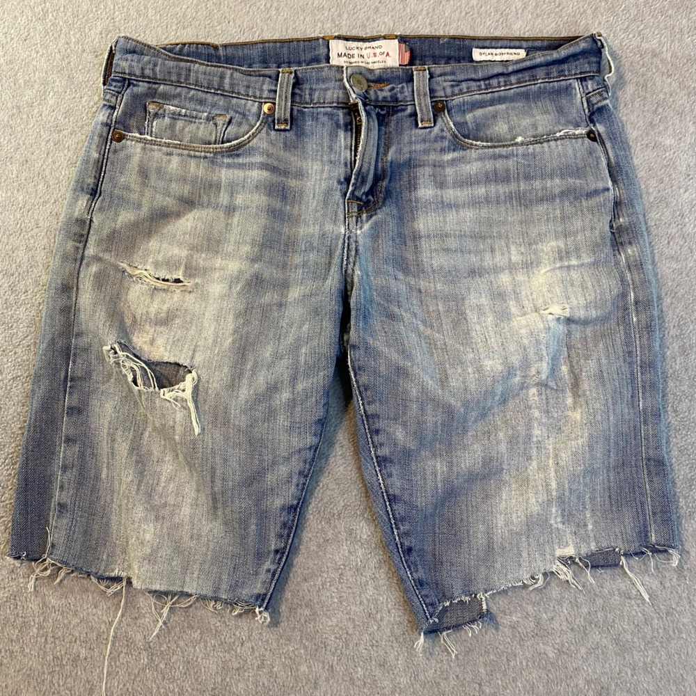 Lucky Brand Dylan Boyfriend Shorts Women's Size 2/26 Blue Distressed Raw Hem EUC